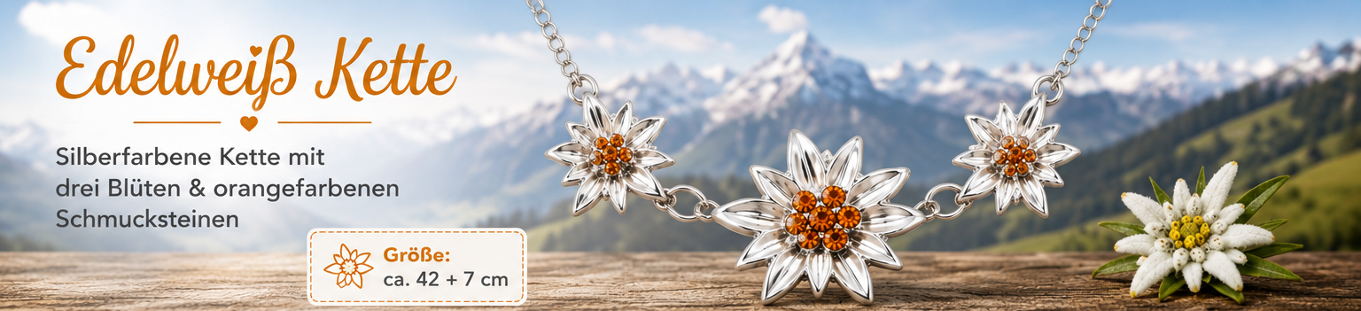 Silberfarbene Edelweiß Kette mit drei Blüten und orangefarbenen Schmucksteinen